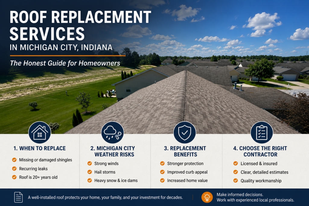 Roof Replacement Services in Michigan City, Indiana infographic featuring a real residential asphalt shingle roof replacement project, homeowner roofing tips, weather-related roof risks, replacement benefits, and contractor selection guidance.