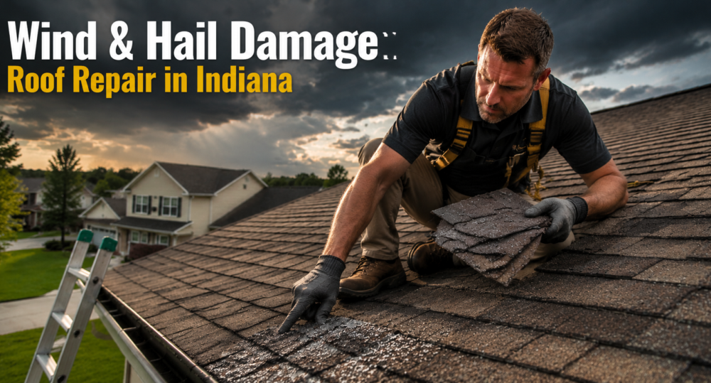 Roofing contractor inspecting hail and wind damage on a residential shingle roof in Indiana after a storm