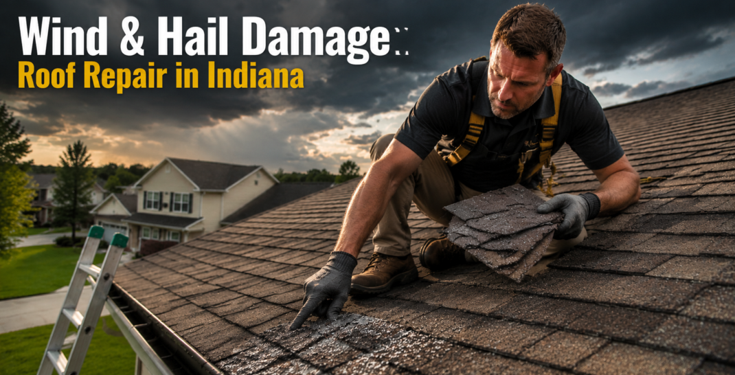 Roofing contractor inspecting hail and wind damage on a residential shingle roof in Indiana after a storm