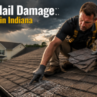 Roofing contractor inspecting hail and wind damage on a residential shingle roof in Indiana after a storm