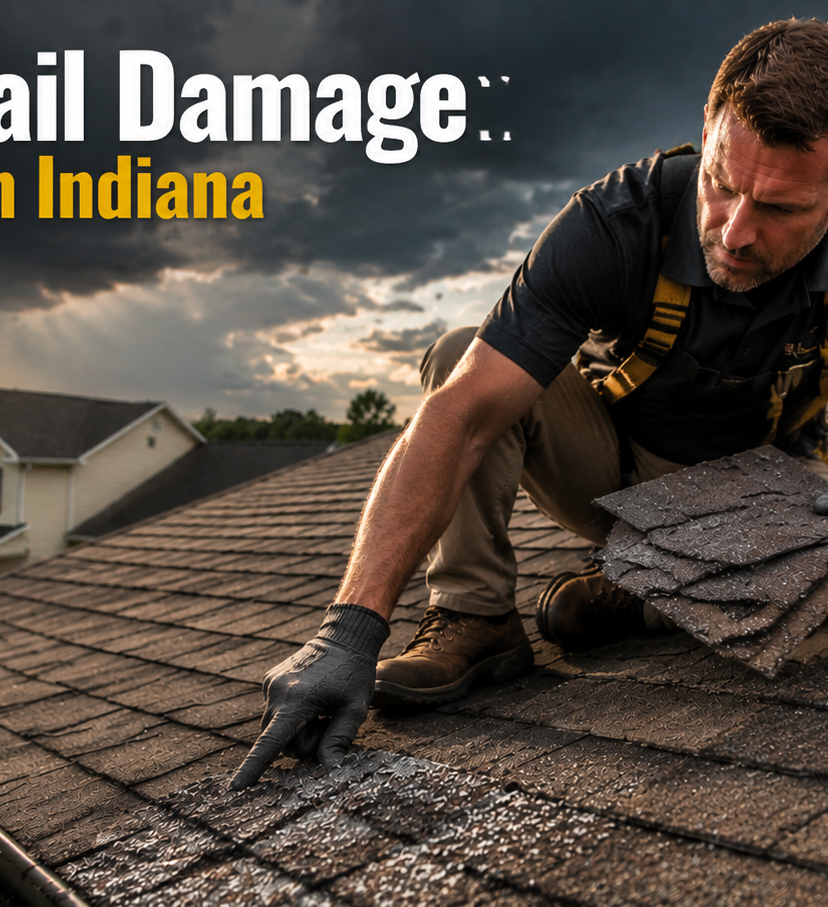 Roofing contractor inspecting hail and wind damage on a residential shingle roof in Indiana after a storm