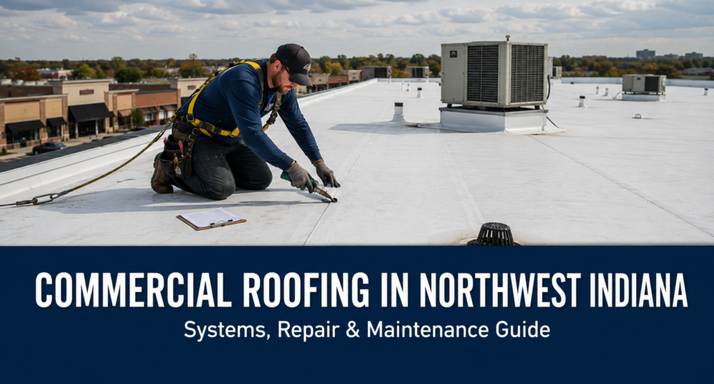 Commercial roofing technician repairing a TPO membrane seam on a flat commercial roof in Northwest Indiana