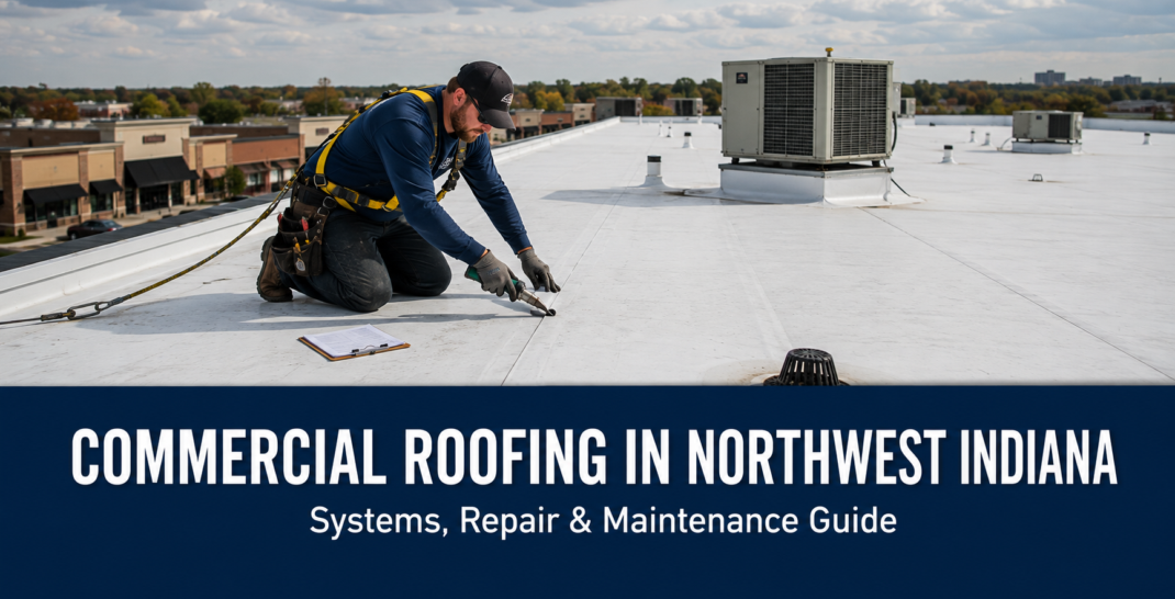 Commercial roofing technician repairing a TPO membrane seam on a flat commercial roof in Northwest Indiana