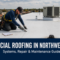 Commercial roofing technician repairing a TPO membrane seam on a flat commercial roof in Northwest Indiana