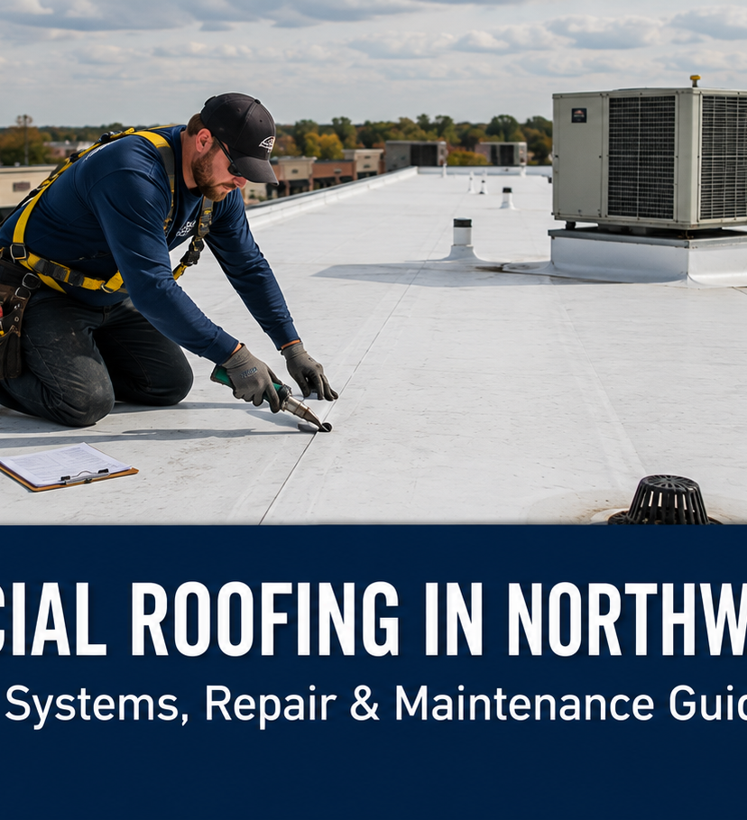 Commercial roofing technician repairing a TPO membrane seam on a flat commercial roof in Northwest Indiana